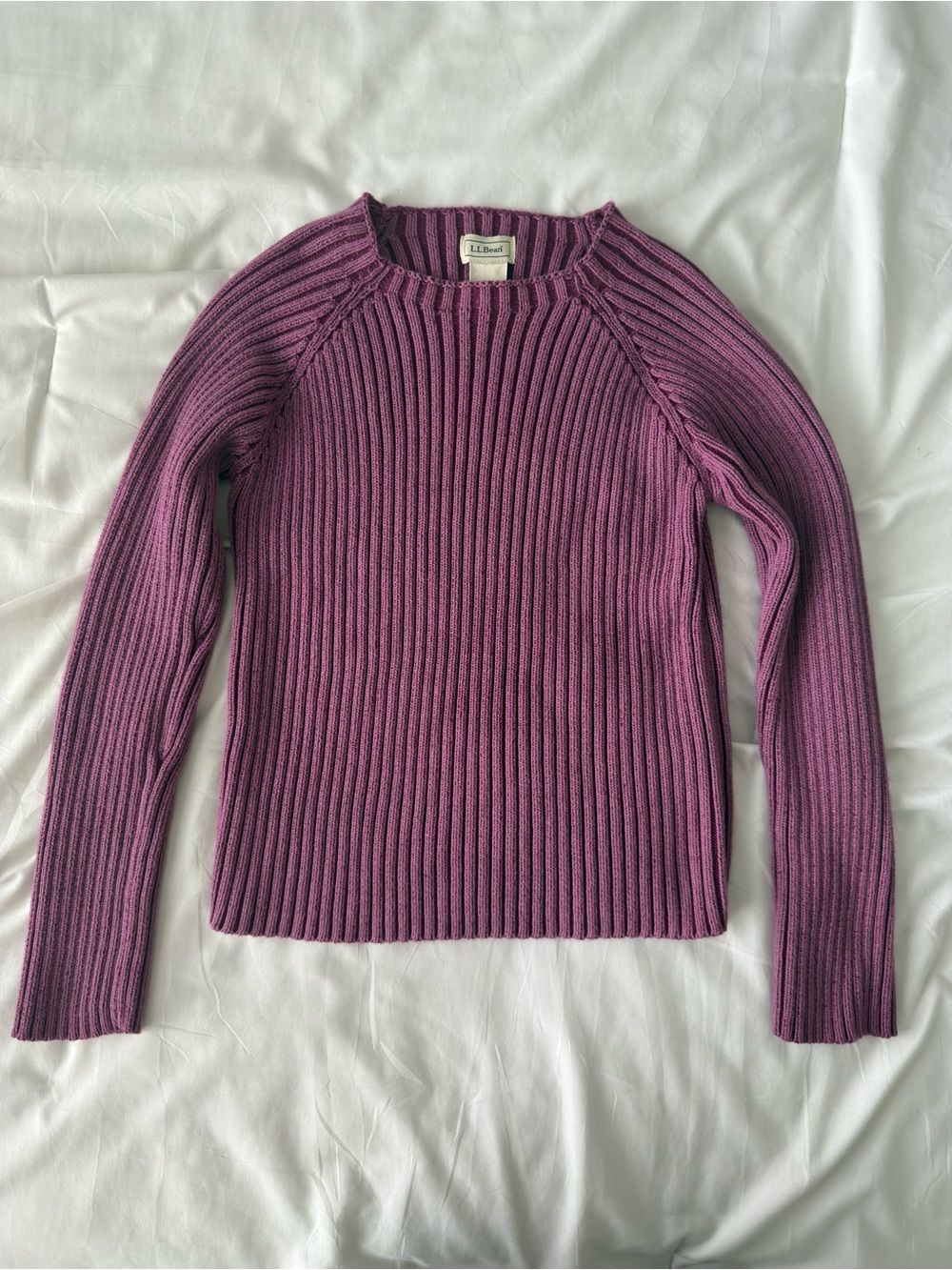 Vintage LL Bean Purple Cotton Sweater Small Fisherman Thick Knit Long Sleeve